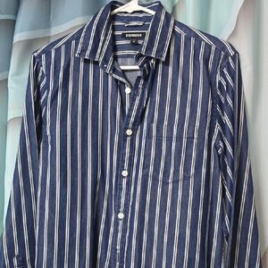 Express Men’s Blue and White Vertical Stripe Button-Down Shirt